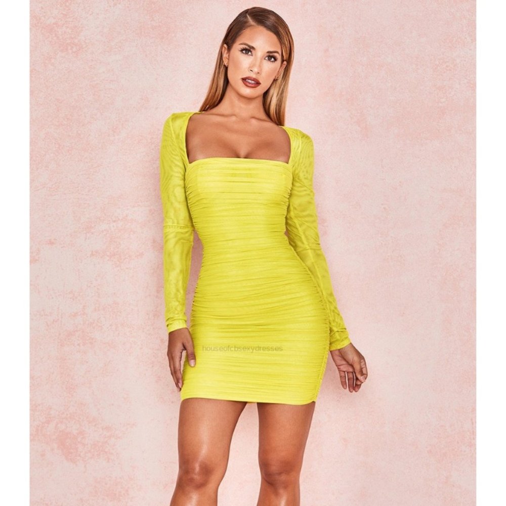 House of CB Valentina Chartreuse Long Sleeve Ruched Organza Mesh Mini Dress - M